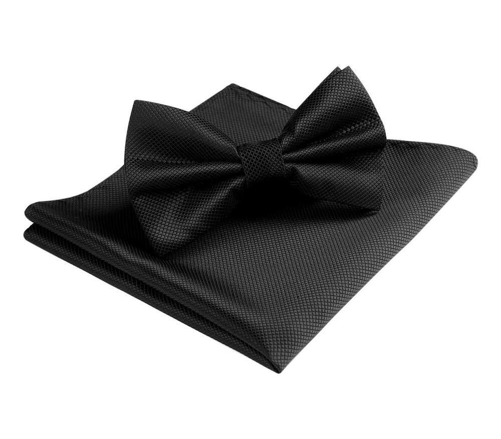 7756 Bow Ties Black Solid Color Pretied Bow Tie and Pocket Square Classic